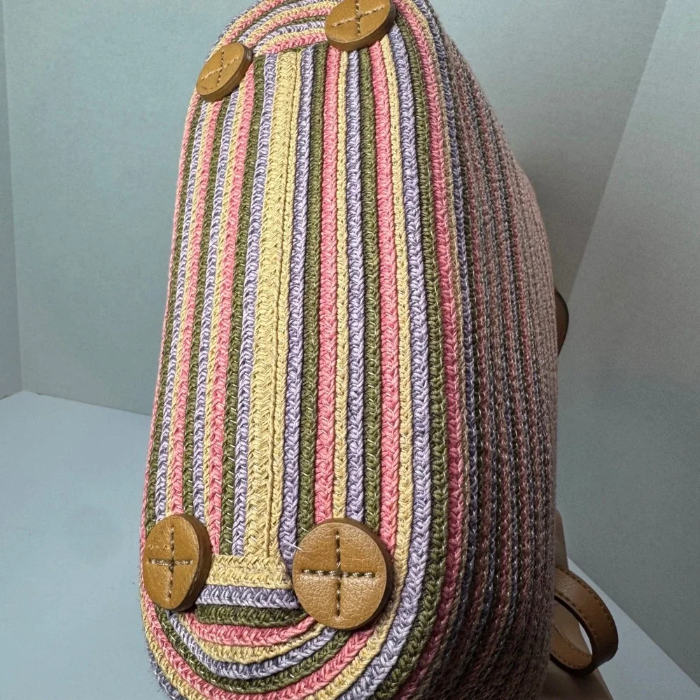 Liz Claiborne Woven Striped Multicolor Tote Shoulder Bag Tan Faux Leather Straps